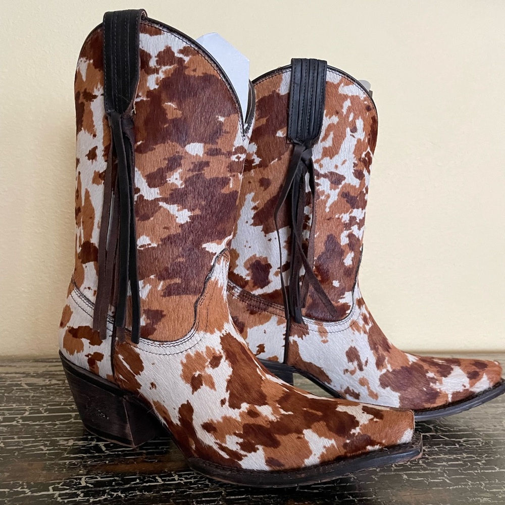 TONY LAMA White Brown Rust Cow Pony Print Calf Hair Western Cowgirl Leather Boot - Picture 4 of 16